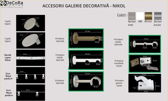 Accesorii galerie - NIKOL, capat tapon, banda, snur, prindere laterala, diverse culori : nichel mat, bronz, alb, nichel lucios.