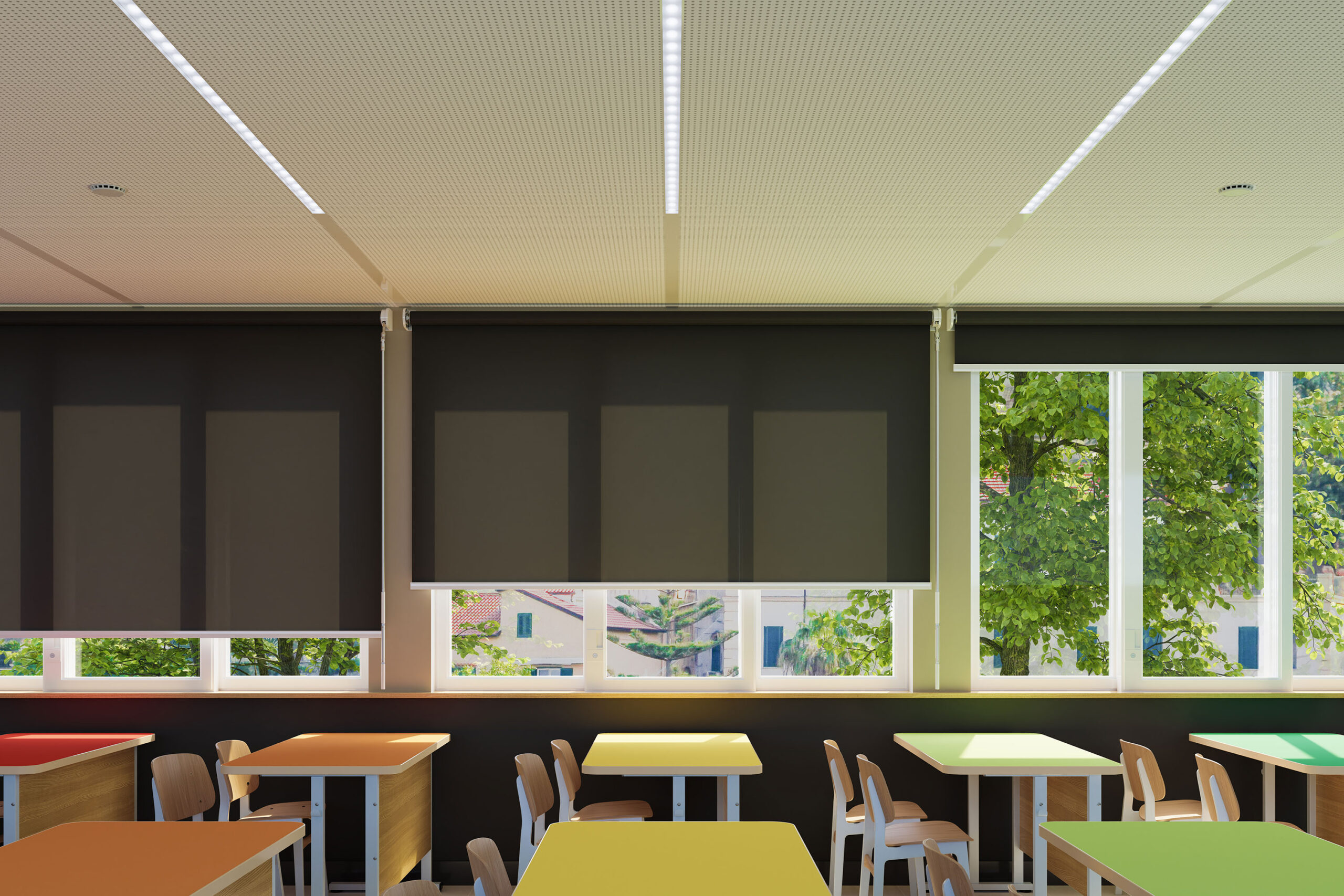 Rulou blackout dimout bej pentru sală de clasă, grădiniță sau afterschool – Mottura Handle 1765 – showroom Decora Design București