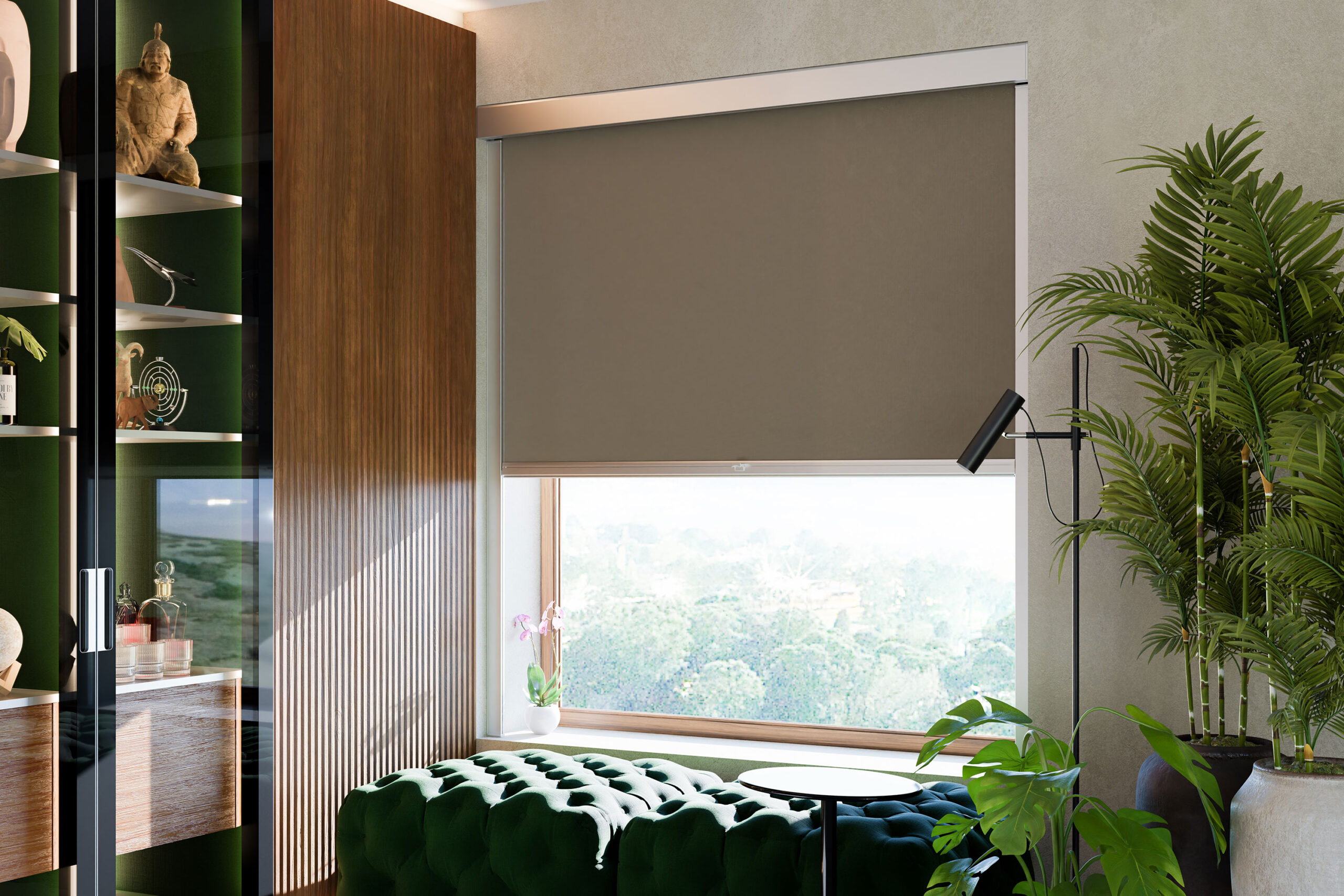 Rulou blackout dimout gri pentru living – Mottura Indoor Topbox 185 – showroom Decora Design București