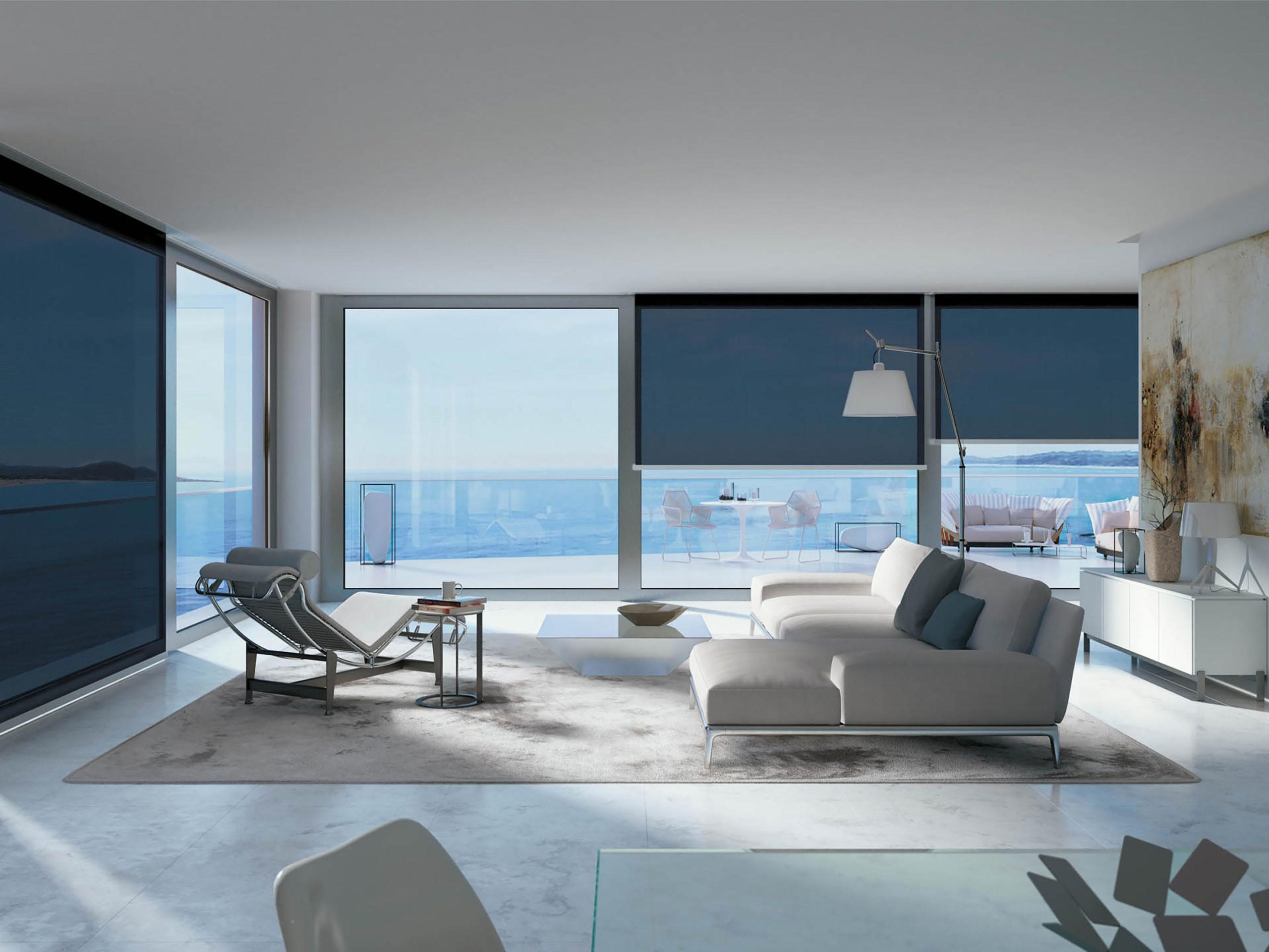 Rulou blackout dimout albastru pentru living – Mottura Indoor Topbox 4140 – showroom Decora Design București